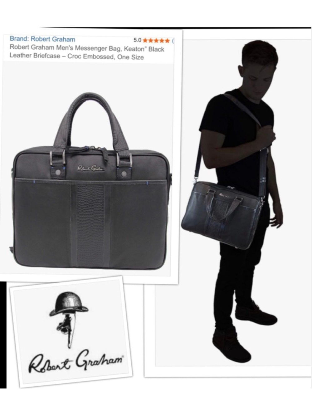 Robert Graham Quiet Luxury Mens Briefcase Laptop Messenger Bag in Black Leather